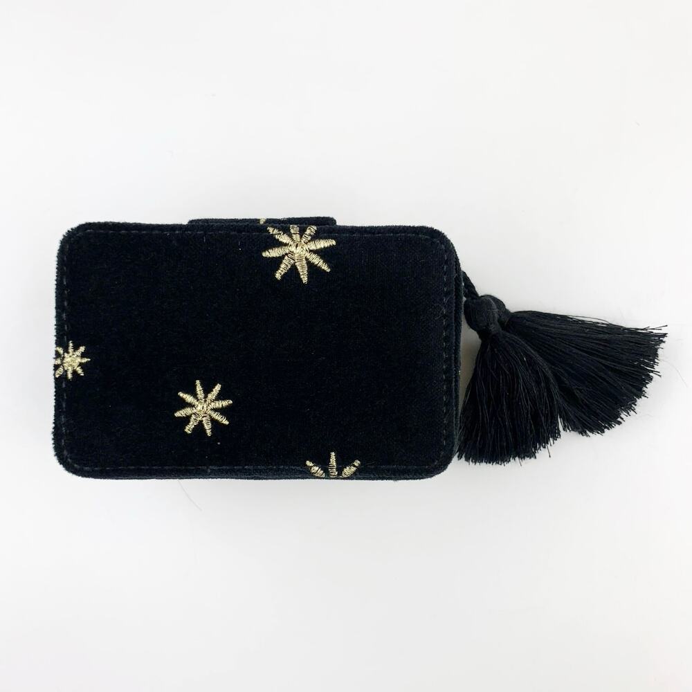 Sezane Jewelry Box Case Black Velvet Gold Daisy Stars Tassels Small Zip Around - Picture 6 of 9